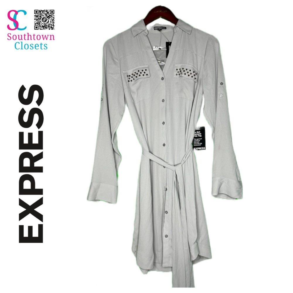 EXPRESS Gray Embellished Long Sleeve Shirt Dress